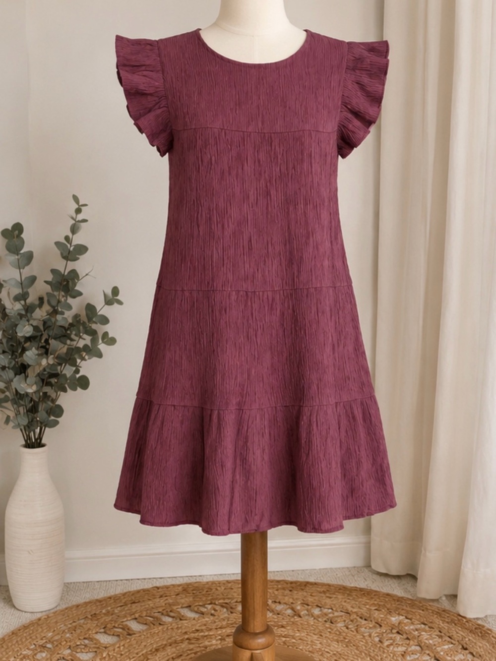 WomeRuffled Sleeve A-Line Dress in Plum